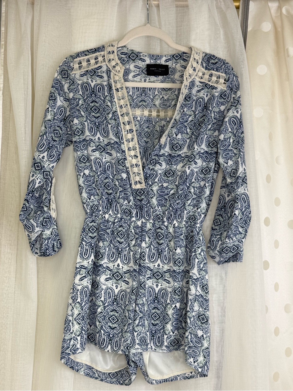 Romeo & Juliet Couture Blue Paisley Mini Dress Romper with Crochet Trim
